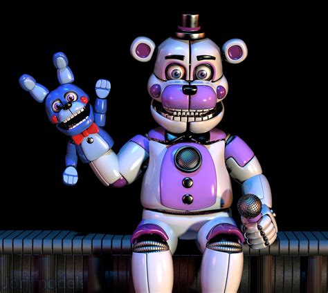 Who possess funtime freddy - Funtime Freddy. Funtime Freddy is a metallic white animatronic bear with light purple accents on his stomach, snout, rings around his eyes, and shoulders. He has a slightly darker shade of purple in his ears, on his cheeks, kneepads, and the tops of his feet. He has eight teeth on his upper jaw, and ten on his lower jaw.